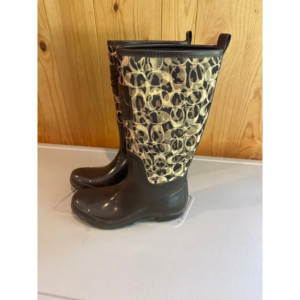 Coach Pearl Rain Boots Women's 7B Brown Leopard Signature C Logo A7513